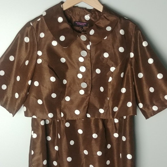 Signature By Ronnie Bee Brown And White Polka Dot Dress With Smocked Jacket - Picture 2 of 13